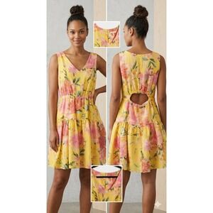 Melonie T Yellow Floral Sleeveless Short Dress V-Neck A-Line Cut Out Back sz 14